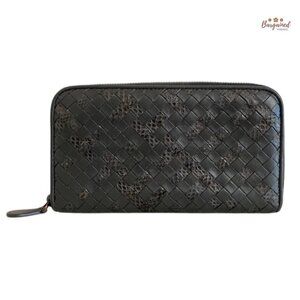Authentic Bottega Veneta Dark Gray Intrecciato Woven Snakeskin Zip Around Wallet